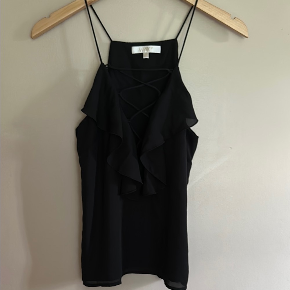 Wayf Black Ruffled Camisole with Spaghetti Straps